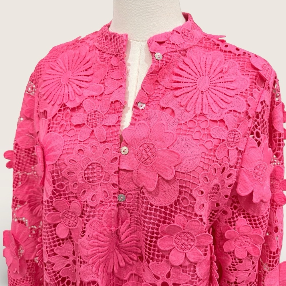 J.Marie Seraphina Pink Floral 3D Lace 3/4 Sleeve Kaftan Shift Short Dress NWT - Picture 4 of 12